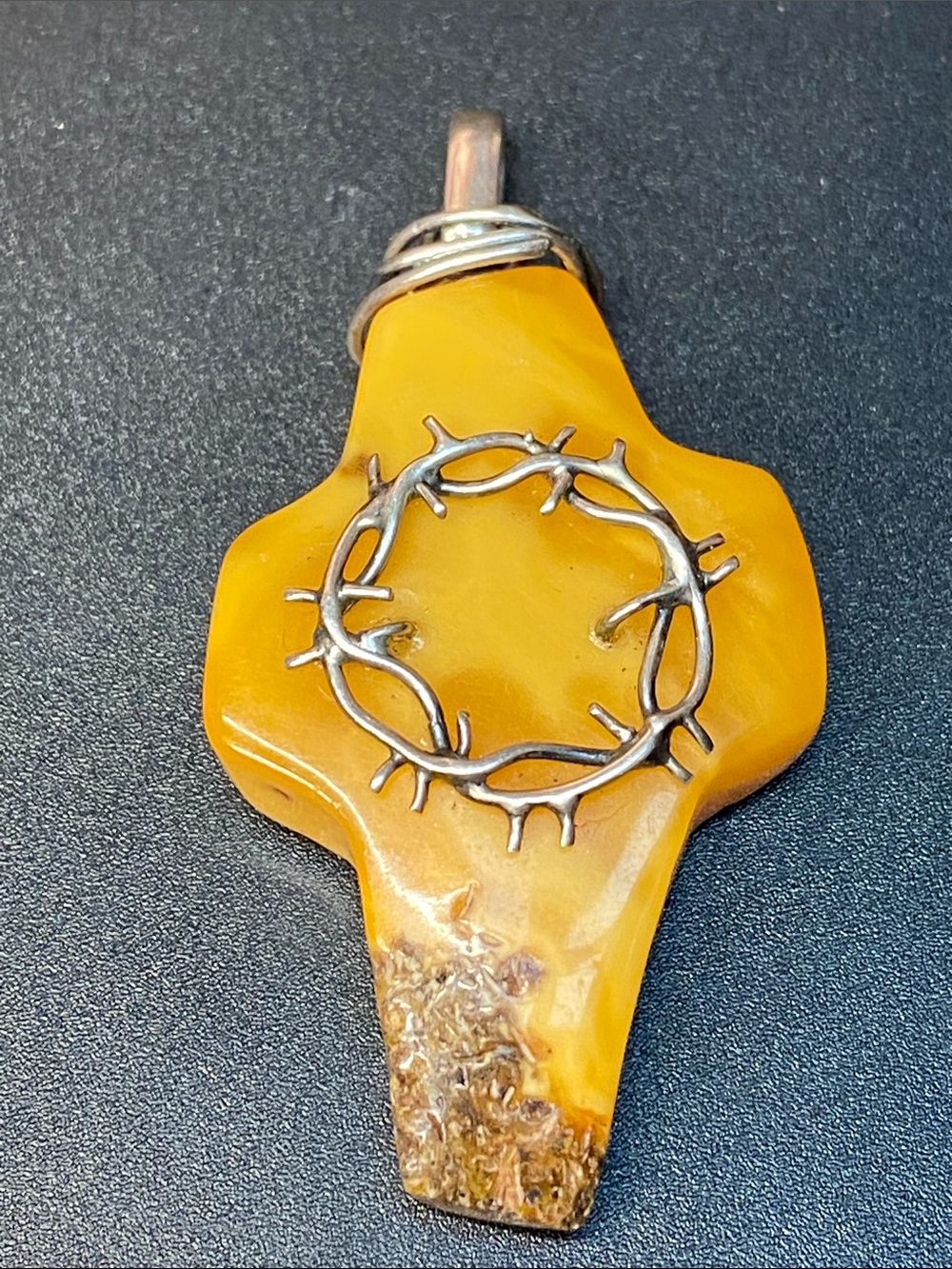 Genuine Baltic Amber Cross Pendant with Silver  Crown of Thorns Symbol of Faith